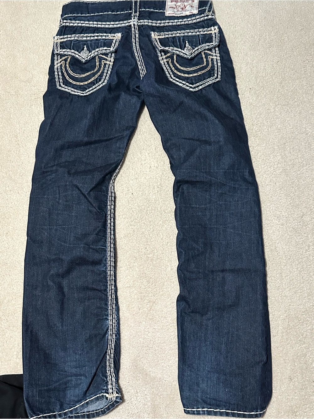 True Religion Dark Blue Straight-Leg Jeans with Contrast Stitching